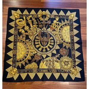 HERMES Scarf L'OR DES CHEFS Tribal Print 100% Silk Black Gold